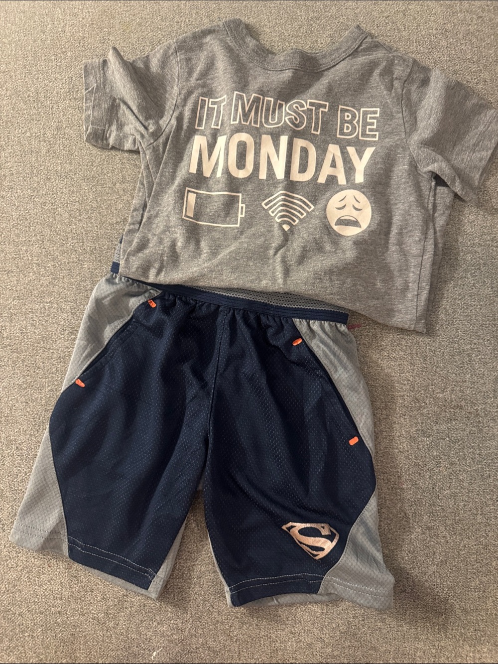 5/$15- Gray 'It Must Be Monday' Tee & Navy Athletic Shorts Set
